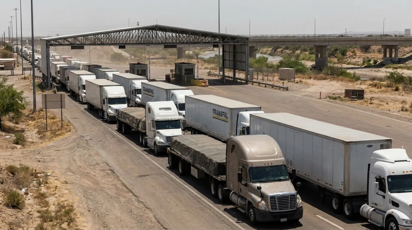 Fila de tractocamiones esperando en los carriles de un cruce comercial internacional.