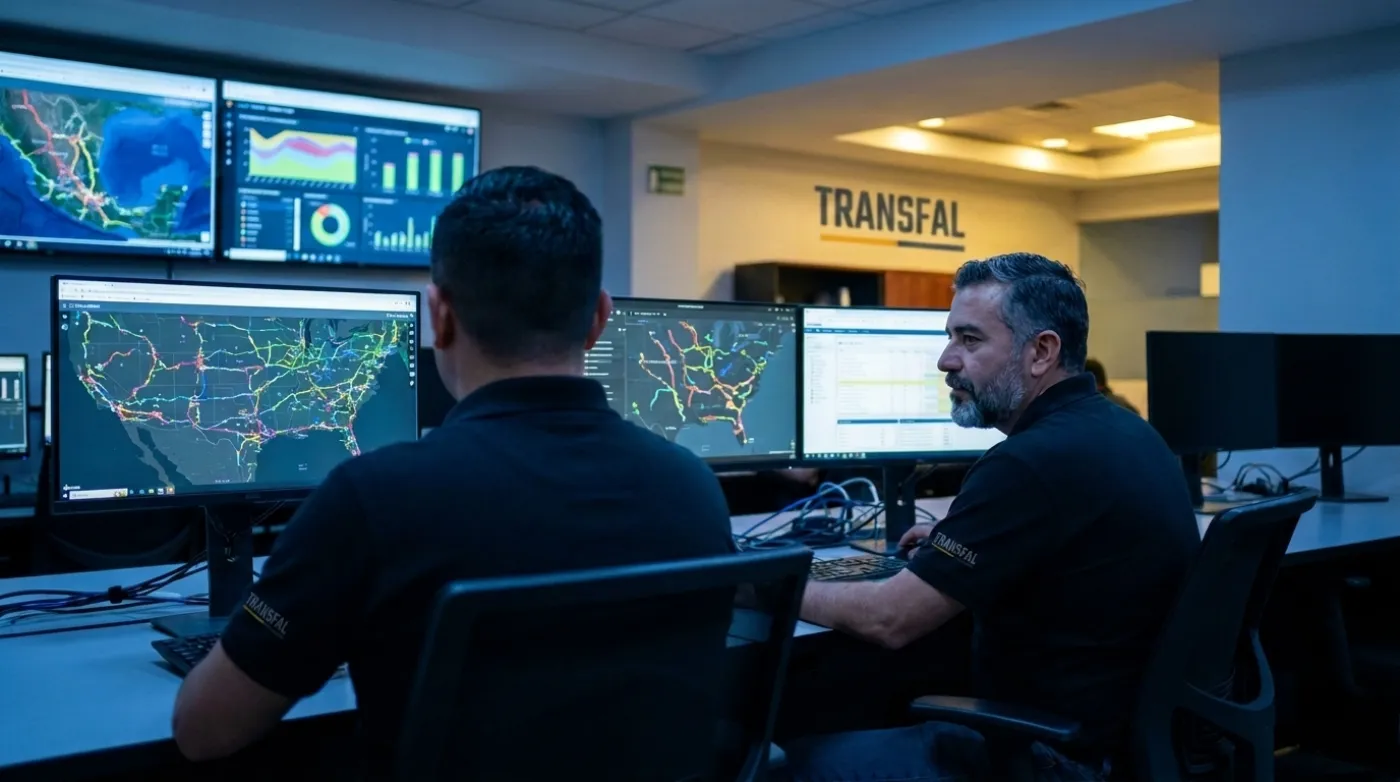 Centro de monitoreo con operadores frente a pantallas de rutas y telemetría.