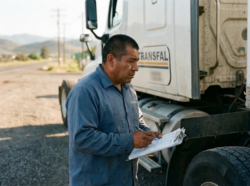 Operador realizando la inspección previa al viaje junto a la unidad.