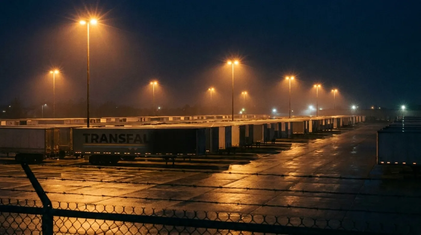 Patio de transporte al anochecer con filas de remolques bajo luminarias.